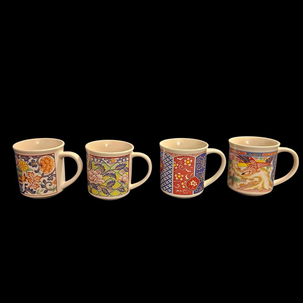 Vintage Set of 4 Colorful Folk Art Ceramic Coffee Mugs Retro Boho Patterns